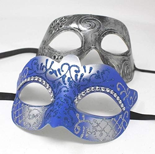 HIS N HERS PAIR OF CO-ORDINATED SILVER & BLUE COUPLES VENETIAN MASQUERADE CARNIVAL PARTY BALL EYE MASKS, Silver Blue, 8cm deep - Image 3