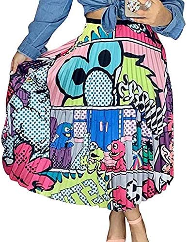 LLYGE Women's Graffiti Pleated Cartoon Letter Printed Elastic Waist A-Line Swing Midi Skirt