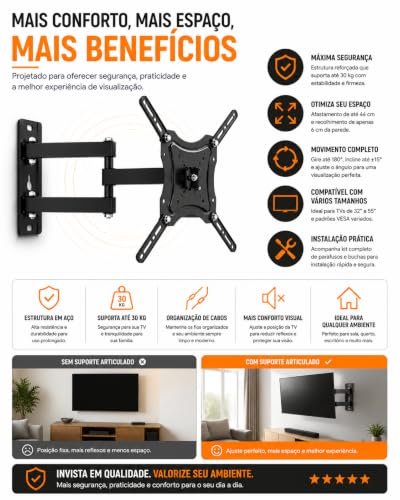 Suporte Articulado para TV 32 a 55 Pol Universal Ajustável até 30kg | Ajuste livre, Metálico, Padrão Vesa, Suporte articulado, Parede TV, 32 a 55 polegadas, Até 30kg