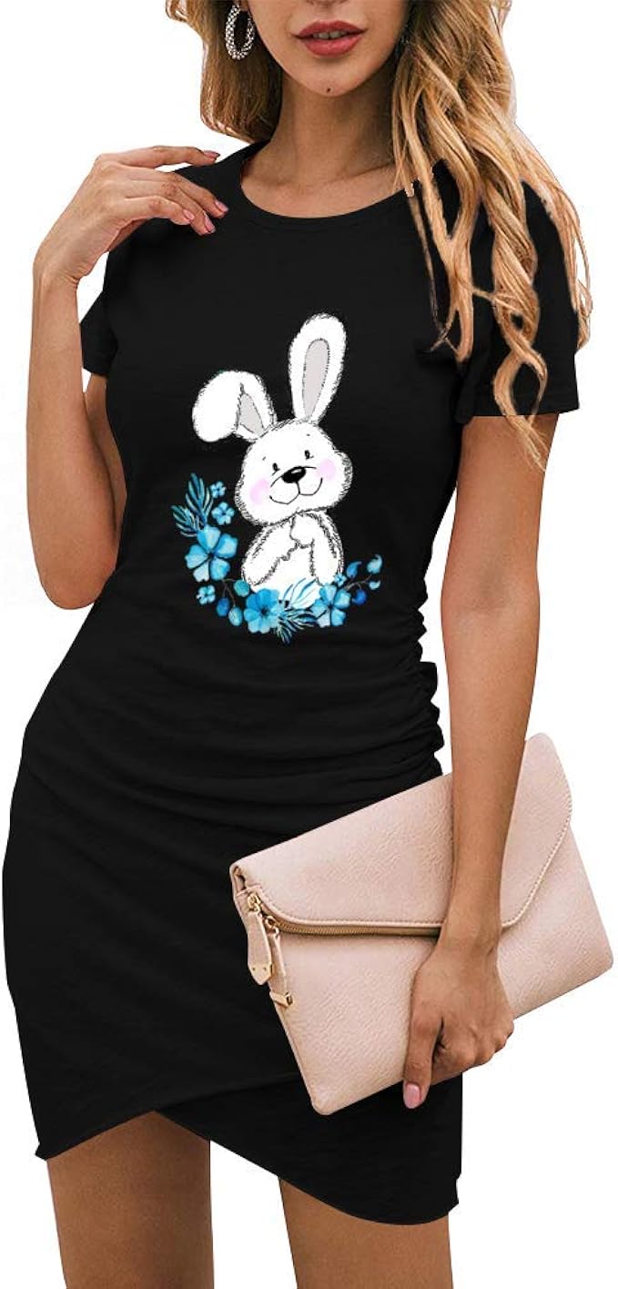 Nortevre Happy Easter Bunny Dress, Women Cute Graphic Crewneck Slim Fit