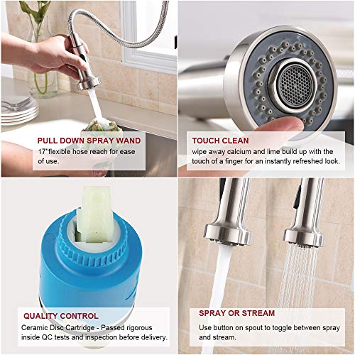 VESLA HOME Commercial Single Handle Pull Down Out Sprayer Spring Stainless Steel Kitchen Faucet, Brushed Nickel Kitchen Sink Faucet - Thumbnail 4