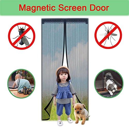 Magnetic Screen Door , Full Frame Velcro , Fits Door Openings up to 34”x 82” MAX- Black , Keeps bugs out, Let fresh air in