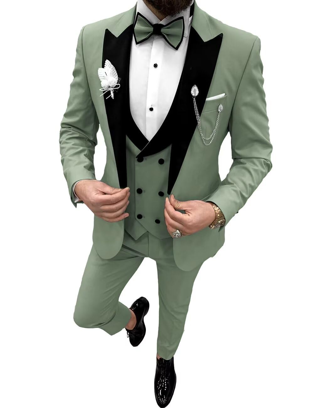 Photo 1 of Wangyue Tux 3 Piece Suit Slim Fit Tuxedo Dusty Green Suit for Men Tuxedo Suits with Bow Tie Slim Fit 3 Piece Suit Set Formal Wedding Suit Prom Suit XL Men's Suits