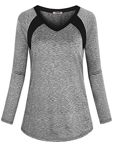 Hibelle Women Workout Tops, Ladies Long Sleeve Stretchy Fast Drying Active Yoga Shirts Modest Relaxed Form Fitting Leisure Outdoor Sports Clothes for Running Cycling Grey L