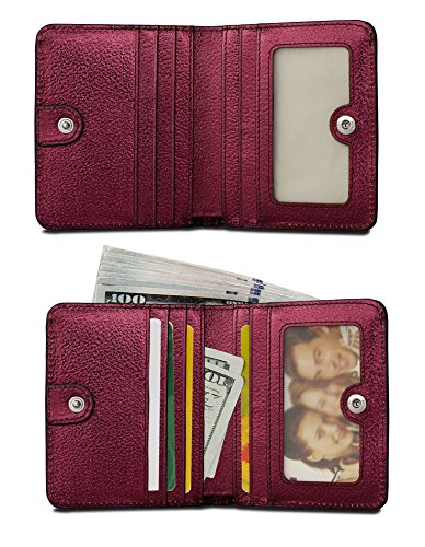 BIG SALE-AINIMOER Women's RFID Blocking Leather Small Compact Bifold Pocket Wallet Ladies Mini Purse with id Window (Wine Gold)