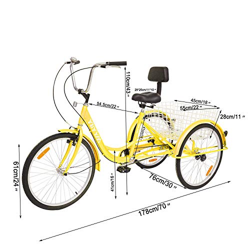 YiiYYaa Adult Tricycle Trike Cruise Bike, 24 Inch Wheel Single Speed 3 Wheeled Bicycle with Large Size Basket for Recreation, Shopping, Exercise (Yellow) - Thumbnail 6