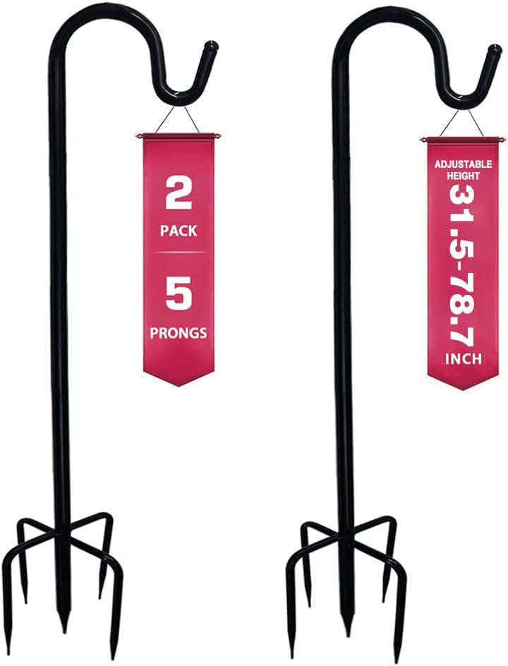 Outdoor Shepherd's Hooks - GBVUGY Shepherds Hook for Outdoor, Heavy Duty Bird Feeder Pole with 5 Base Prongs,Adjustable Garden Hanging Stake for Solar Light Plant Hanger Wedding Decor, Matte Black (78.7INCH, Single-Head)