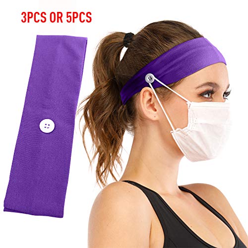 Headband with Buttons for måsk, Non Slip polyester Head Wrap for Yoga, Running, Sports, Style Hair Band Hair Hoop for Women, Men (Headband-Purple 5pcs)