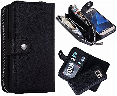 S7 Wallet Case, HYSJY Magnetic Detachable PU Leather Wallet Purse For Women Men with Zipper , Credit card Slots, Card Holer,Flip Slim Cover Case Fit Samsung S7 (Litchi-Black)