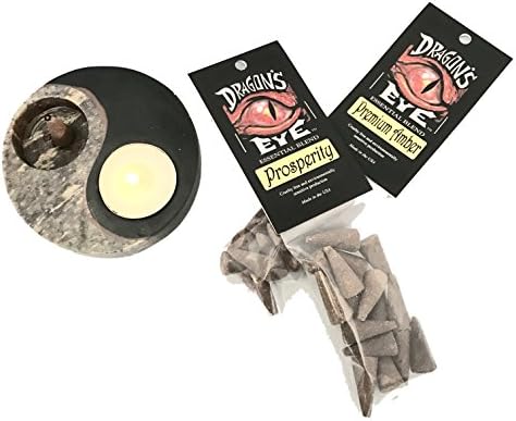 Yin Yang Incense &amp; Candle Burner. Premium Dragon’s Eye, Incense Cones. Two Incense packs of 16. Prosperity and Premium Amber. Reusable 5x7” muslin bag for the cones.