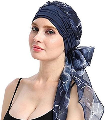 Chemo Turban Headscarf wrap Long Hair Pretied Bandana Tichel for Women Hair Loss Headcover (Navy,Blue)
