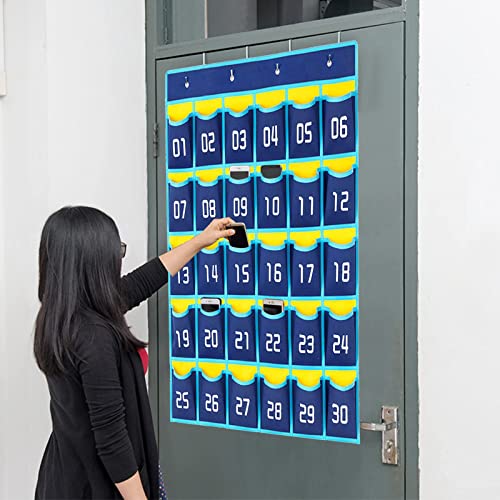 Classroom Numbered Pouch, 30 Hanging Storage Bag for Mobile Phone Calculators Pocket Board with 4 Hooks, Over the Door Phone Organizer (Light Blue)