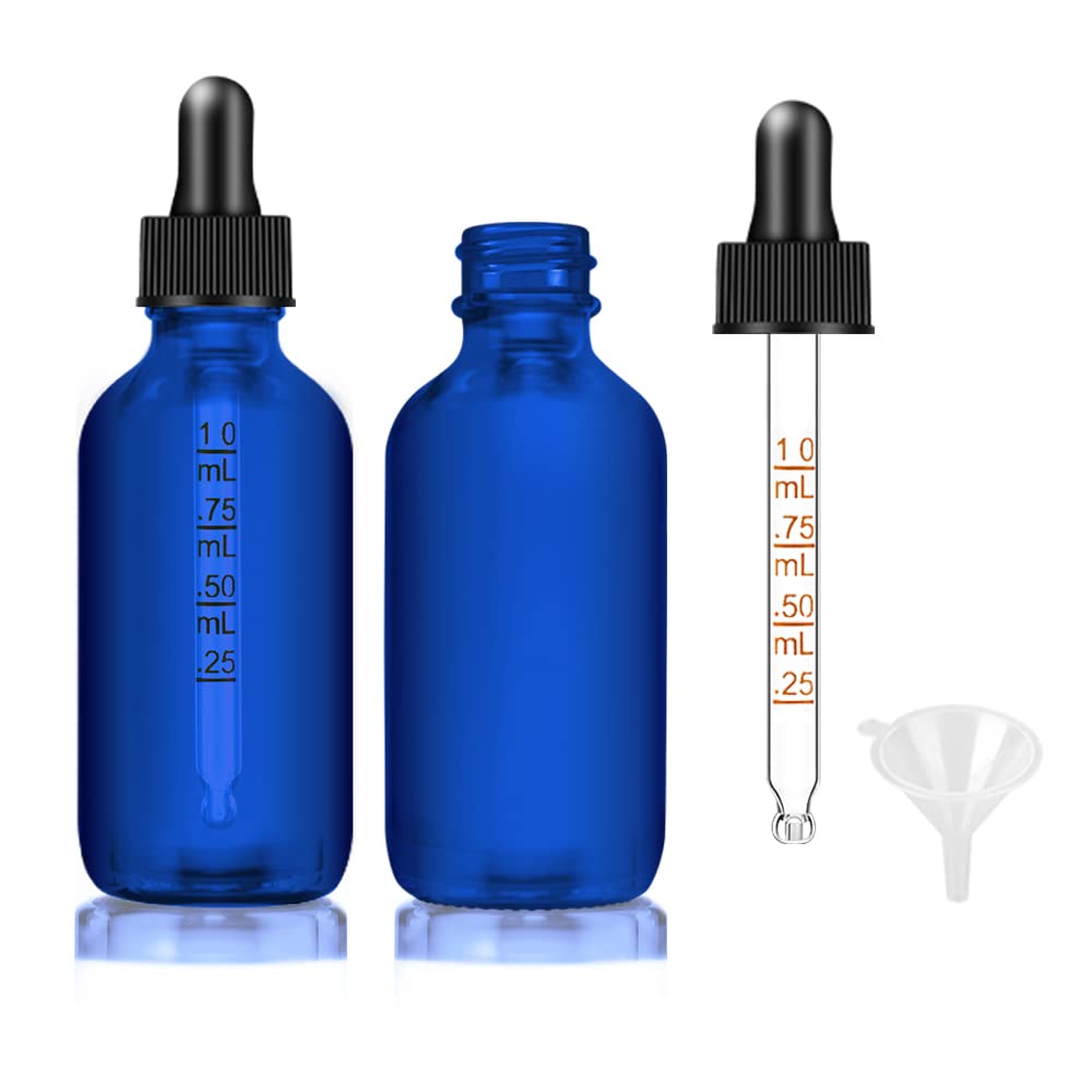 Bumobum Dropper Bottle 2 oz, 2 pack Blue Glass Eye Dropper Bottles with Labels and Funnel, Leakproof Tincture Bottles with Measured Dropper