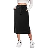 SOFIA'S CHOICE Women's Midi Skirt Drawstring High Waist Sweat Skirts with Pockets