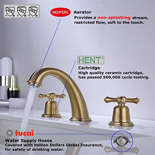 RKF Solid Brass Two Handle Widespread Bathroom Sink Faucet with METAL Pop-up Drain with overflow and CUPC Supply Hoses,CWF034-BG,Brushed Gold