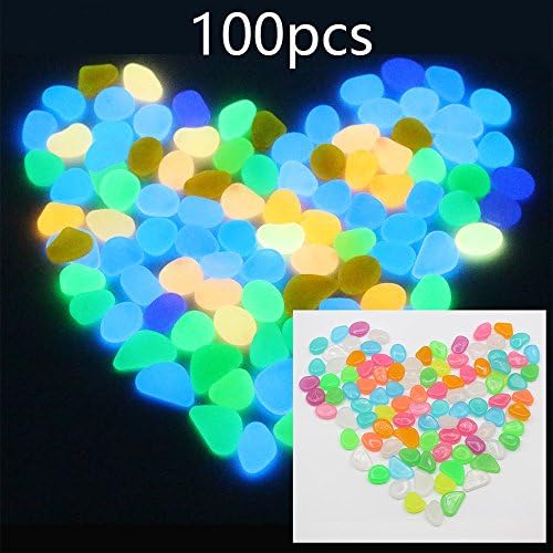 100pcs glow stones Mix Color glow pebbles Luminous Stones Glow in Dark Garden Decor Road Outdoor Fish Tank Decoration Pebble Rocks Aquarium (MIX COLOR)
