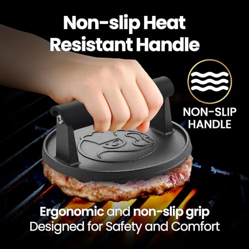 Smash Burger Press for Griddle, 5-Year Warranty, 2 lb Heavy Duty Burger Smasher Tool with Heat-Resistant Handle, Premium Cast Iron Bacon & Sandwich Maker, Hamburger Press for BBQ Grilling Accessories