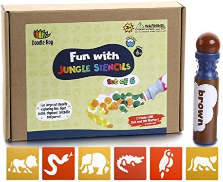 Jungle Stencils + Dab and Dot Marker, Preschool washable fun large cut stencils exploring lion, tiger, snake, elephant, crocodile and parrot.