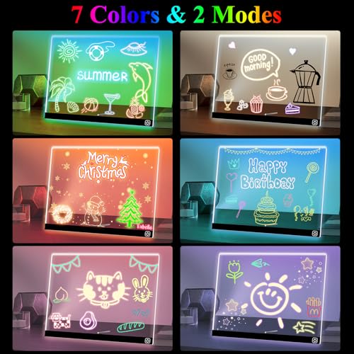 Exbelle 16“ LED Drawing Board 7 Colors Light Acrylic Dry Erase Lumiboard Board for Kids 2 Modes as Night Light for Room/Store/Office Ideal Gift for Festival Decoration 7 Markers