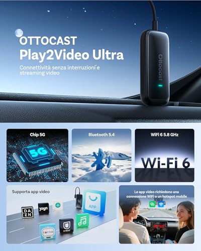 OTTOCAST Play2Video Ultra, Adattatore CarPlay Wireless & Android Auto Adattator con Netflix YouTube WiFi 6 5G Bluetooth 5.4 Adattatore CarPlay Netflix per la maggior parte delle auto dal 2016
