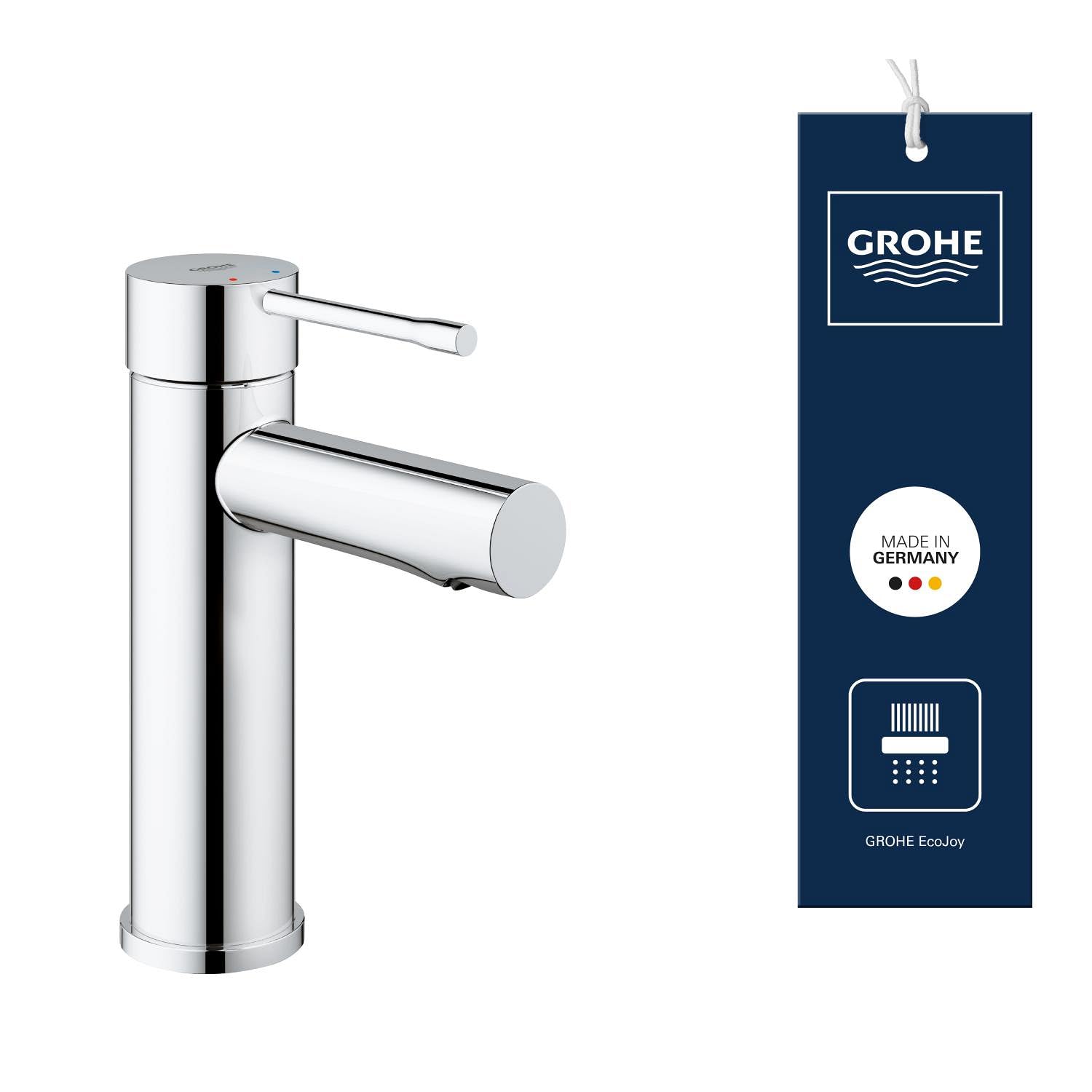 GROHE Essence Smooth Body Basin Mixer Tap (S-Size 208 mm, Metal Lever, 28 mm Ceramic Cartridge, Water Saving, 3/8 Inch Tails), Chrome, 34294001