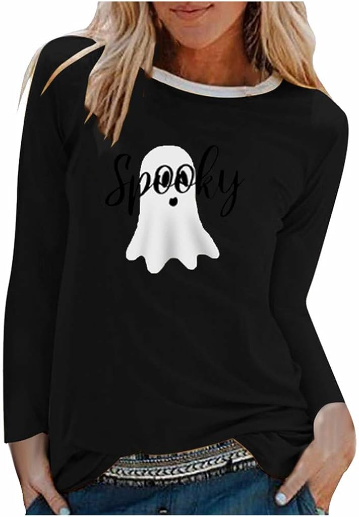 Halloween Women's Tops Ghost Print Shirt Classic Round Neck Pullover