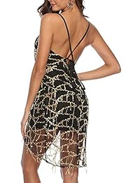 ThusFar - Vestido de mujer sexy con flecos de lentejuelas con cuello en V, sin mangas, sin espalda, irregular, informal