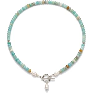 Turquoise Beaded Necklace for Women Pearl Toggle Clasp Choker Necklace Handmade Stone Bead Necklace Dainty Summer Beach Jewel