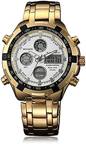 Men's Waterproof Military Watch Quartz Analog Digital Sport Watch Business Casual Fashion Wrist watch Chronograph Date LCD Display (GOLD+WHITE)