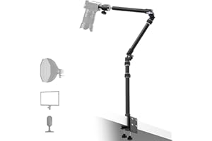 【All Metal】RAUBAY Desktop Magic Arm, Overhead Camera Desk Mount, Table Light Stand with 1/4“ Ball Head, 3/8" & 5/8" Adapter, C Clamp, Retractable Boom Arm for DSLR, Webcam, Microphone, Projector DMA01