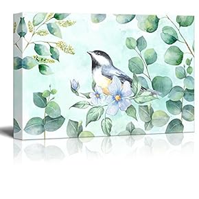 Canvas Wall Art - Watercolor Style Painting with Bird and Leaves - Giclee Print Gallery Wrap Modern Home Art Ready to Hang - 12x18 inches
