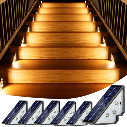 Solar Lights for Outdoor Garden Stair Light 800 mAh Stair Lighting Outdoor Solar Floor Lights Outdoor for Courtyards Decoration Patio Fence Pathway Steps LED Path Lights IP65 18 LED Pack of 6