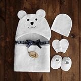 Bimboly Extra Soft Baby Bamboo & Cotton Hooded Towel + Bonus Bath Set | Antibacterial and Hypoallergenic | Keeps Baby Dry and Warm | Sized for Infant and Toddler | Baby shower Gift | White