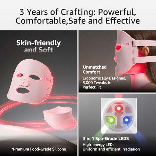 IFAE Red Light Therapy for Face and Neck, Red Light Therapy Mask with 850nm Infrared (NIR) Portable Led Face Mask with Eye Protection and Remote for True Anti-Wrinkles Skincare at Home Pink