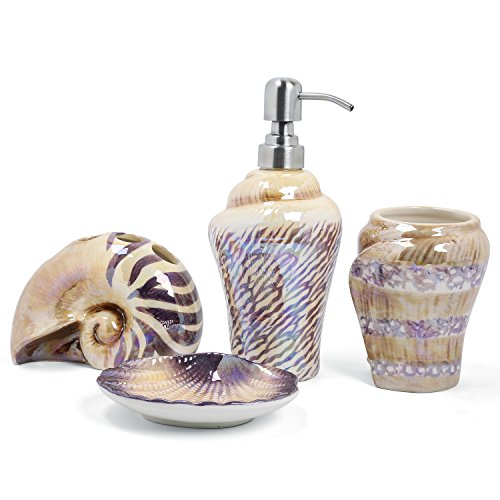 FORLONG FL3015 Purple Sea Snail Conch Ceramic Bathroom Accessories Set of 4:1 Gargle Cups,1 Toothbrush Holders,1 Soap Dishes,1 Soap Dispenser