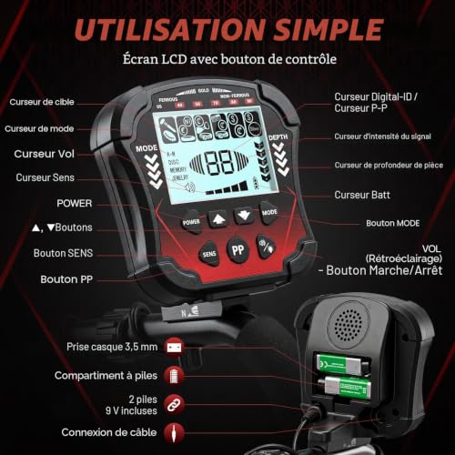Professional Metal Detector, 5 Detection Modes IP68 Waterproof Search Disc 10 Inches, Adjustable Rod from 42.1 Inches to 52 Inches with Backlit LCD Screen Suitable for Adults and Children - Red