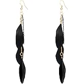 Bohemian Colorful Feather Earrings for Women Ethnic Retro Bohemian Long Chain Feather Earrings Vacation Handmade Vintage Multicolor Tassel Feather Earrings Lightweight Feather Drop Dangle Earrings Jewelry Gift (Black)