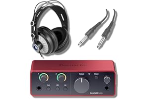 Focusrite Scarlett Solo 4G Audio Interface Recording Bundle with StreamEye Cans50 Studio Headphones and Professional Grade Instrument Cable