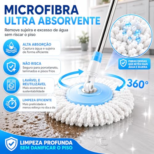 Mop Giratório com Balde e Centrífuga 360 com Cesto em Inox, 8 Litros, Sistema Lava e Seca, Eficiência e Durabilidade na Limpeza Diária de Todos os Tipos de Piso Para sua Casa