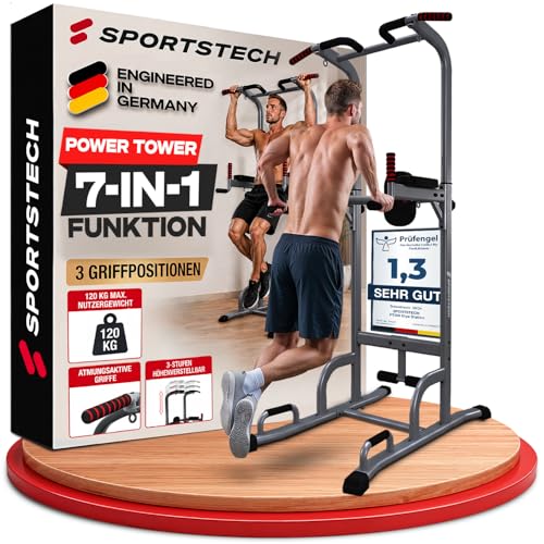 Sportstech 7in1 Power Tower PT300 als Dip Station & Kraftturm, multifunktionale Kraftstation für Zuhause mit Klimmzugstange, Liegestützgriffe und 4 Ös