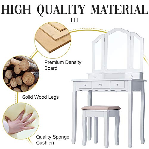 image for Tiptiper Vanity Set with Cushioned Bench, Makeup Table with Tri-Foldin
