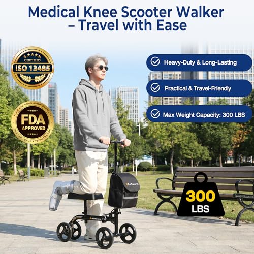 Premium Knee Scooter – Foldable & Steerable Knee Walker, Dual Brakes, New Band Brake, Comfort Knee Pad for Foot Surgery, Broken Foot & Ankle Injury Recovery, Compact Crutch Alternative(Black)