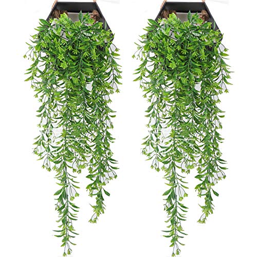 Eyands 2Pcs Artificial Hanging Plants - Green Artificial wall plants, Fake Ivy Vine for Wall Home Porch Garden Wedding Garland Outside Hanging Decoration (No Basket)