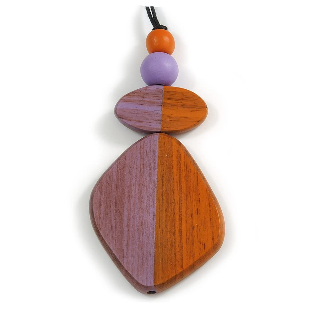 Avalaya Orange/Lilac Geometric Wood Pendant Black Waxed Cotton Cord - 80cm L Max/ 13cm