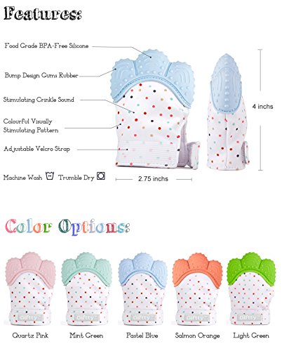 Baby Teething Mittens Self Soothing Pain Relief Mitt, Stimulating Teether Toy, Prevent Scratches Protection Glove with Travel Bag, Stay on Baby‘s Hand, Unisex for 0-6 months Baby (2 Mittens - Blue)