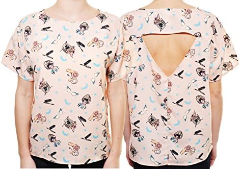 Retro Beauty Printed Open Back Blouse (Blush, Large)