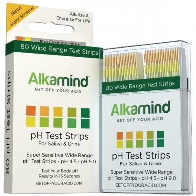 AlkaMind pH Test Strips to GET OFF YOUR ACID! 80 wide range pH test strips for saliva and urine. Super sensitive pH strips show pH 4.5 - pH 9.0 AlkaMind pH Test Strips to GET OFF YOUR ACID! 80 wide range pH test strips for saliva and urine. Super sensitive pH strips show pH 4.5 - pH 9.0