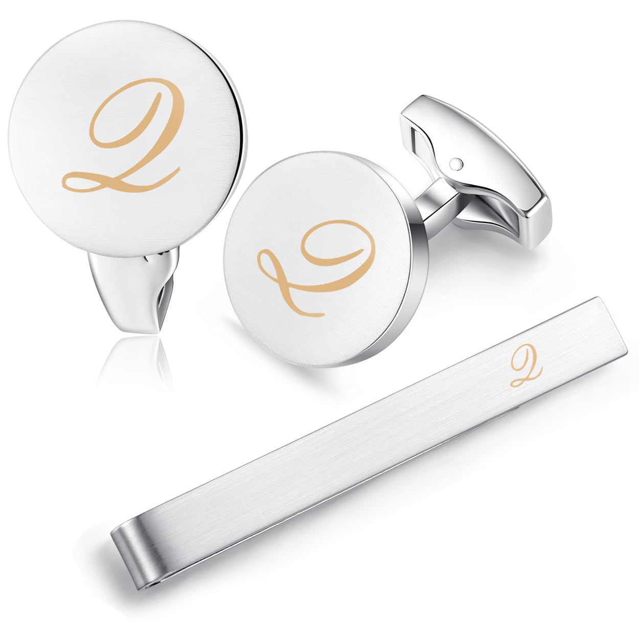 HONEY BEAR Initial Alphabet Letter Cufflinks Tie Clip Set for Mens - Brushed Silver Round for Business Wedding Gift A - Z