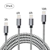 Kiomi iPhone Cable 3', 6', 10' Lightning to USB Charger, 8 Pin Lightning to USB Sync and Charging Cable Cord for iPhone 7/7 Plus, 6/6S, 5/5S/5C/SE, iPad, iPod Nano 7 - Grey White - 4 Piece