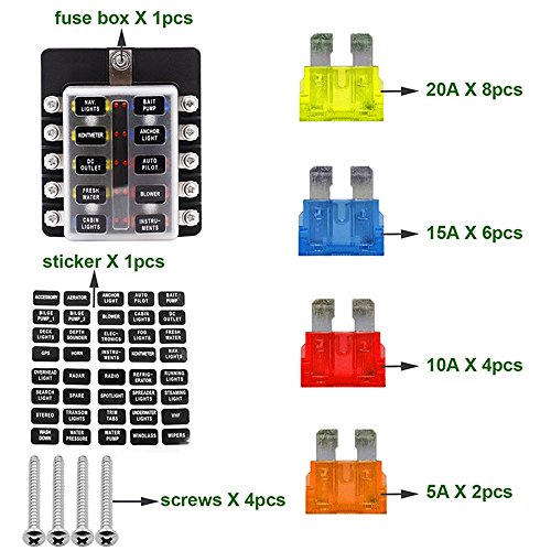 10 Circuit Boat Fuse Box,elecfan 10 Way Fuse Block Waterpoof Cover Blade Fuse Holder 32V Quick Connect Screw Terminal Free Fuses with LED Safety Indicator for Automotive Car Marine Trike (10-way)
